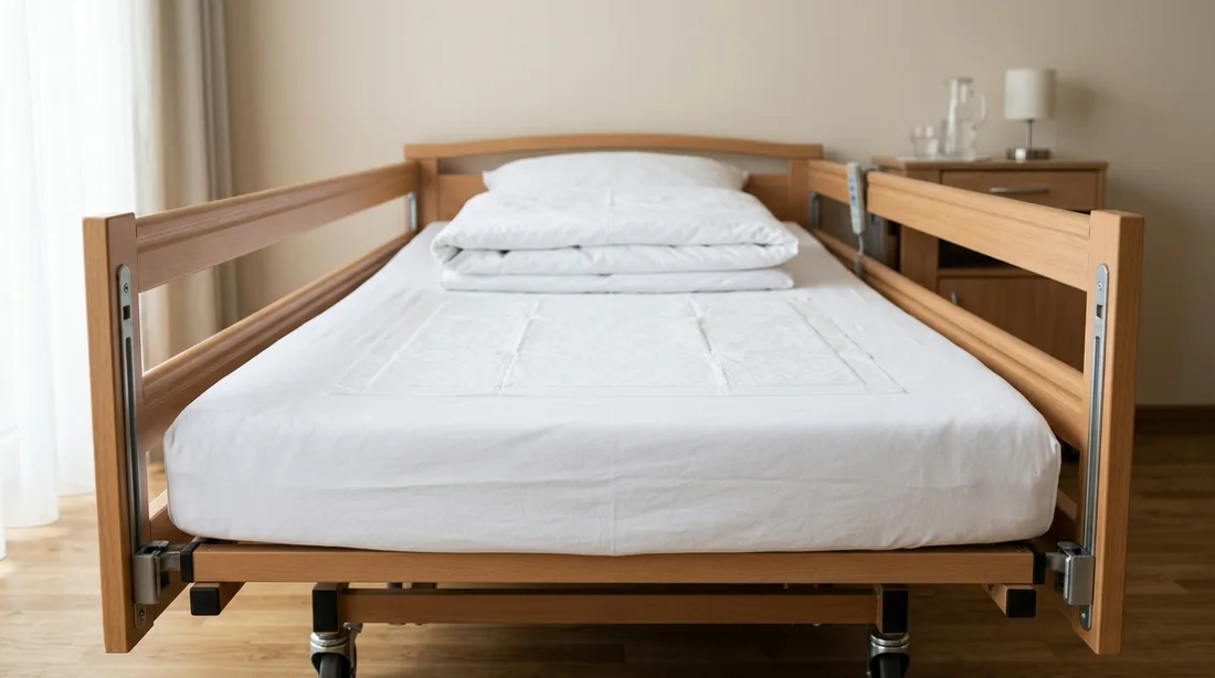 Pflegebett mit Holz-Seitengittern und Rollen, bezogen mit weißer Bettwäsche