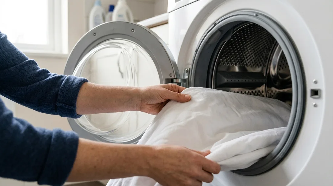 Weißer Matratzenschoner wird in die geöffnete Trommel einer Waschmaschine gelegt